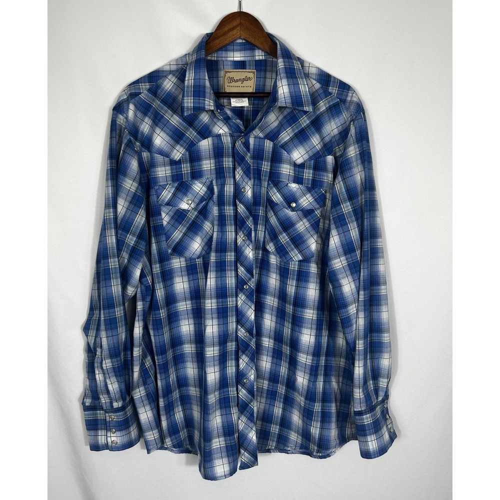 Wrangler Shirt Mens XL Long Sleeve Pearl Snap Blue Plaid Western Rodeo Ranch Y2K